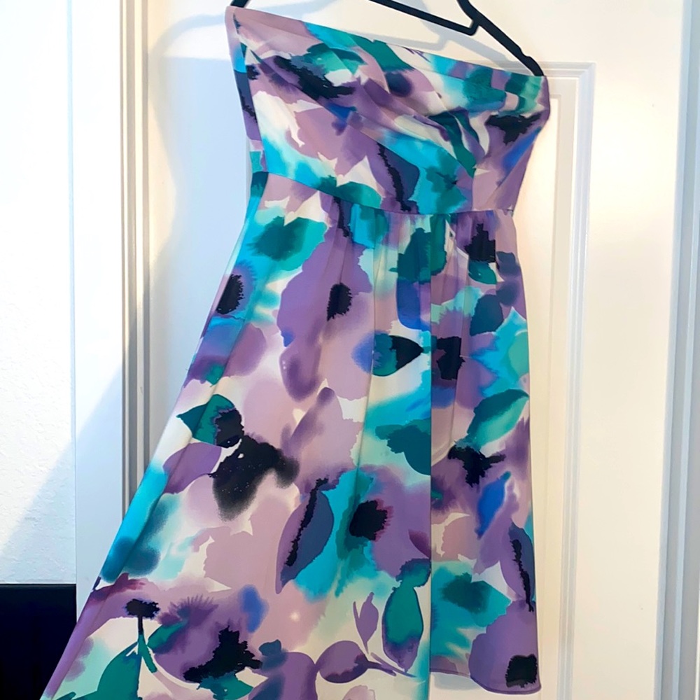 Women’s strapless white with teal/lavender floral dress